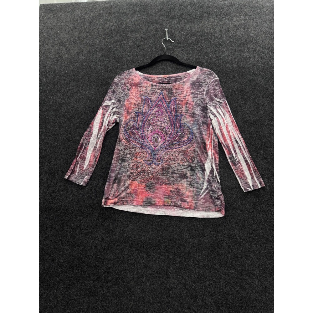 Reba Womens Medium Pink Purple Paisley Burnout Rhinestone Embellished Top USA
